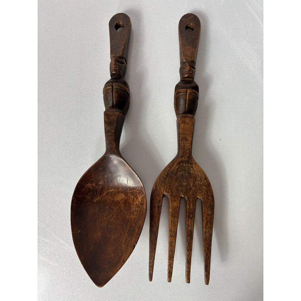 Vintage Carved Wooden Fork & Spoon Wall Décor Wood Tiki Totem Mid Century 13"